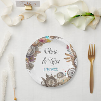 Assiettes En Carton Date et noms de mariage Steampunk floral