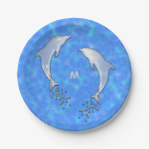 Assiettes En Carton Dauphin bleu étincelant avec un monogramme