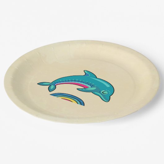 Assiettes En Carton Dauphin Vert Aqua Courbé Sur L'Eau Arc En Ciel (Angle)