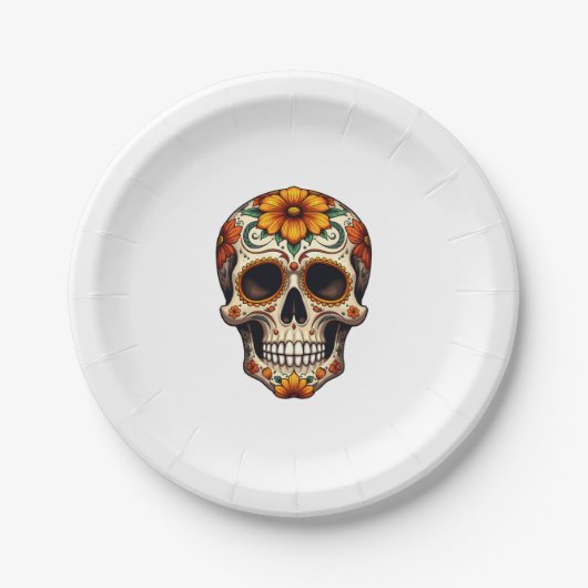 Assiettes En Carton Day Of Dead Sugar Skull Floral Skeleton Head Bone (Devant)