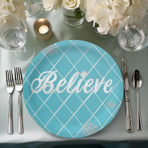 Assiettes En Carton Dazzling Believe Light Blue and Silver À damiers