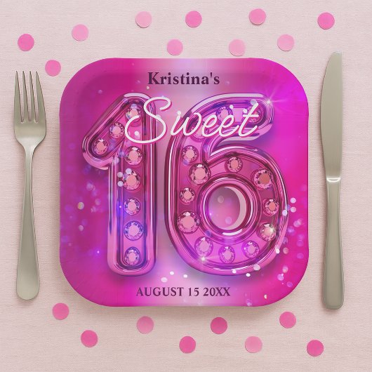Assiettes En Carton Dazzling Fuchsia Jeweled Sweet Sixteen Milestone