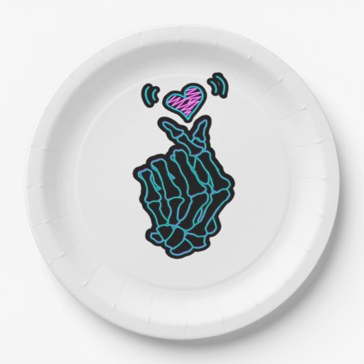 Assiettes En Carton De Belles Mains De Squelette Avec Un Signal Coeur (Devant)
