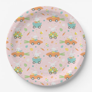 Assiettes En Carton De mignons lapins de Pâques en carottes et voiture