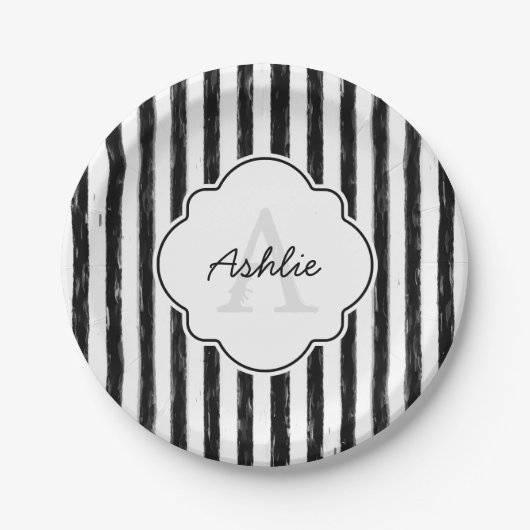 Assiettes En Carton Décontracté Black Peint Stripes Monogramme et nom (Devant)