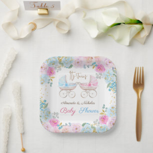 Assiettes En Carton Décor de fête prénatale pour jumeaux rose et bleu