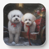 Assiettes En Carton Décor de Noël Bichon Frise Snowy Sleigh (Recto)