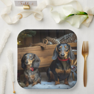 Assiettes En Carton Décor de Noël Dachshund Snowy Sleigh
