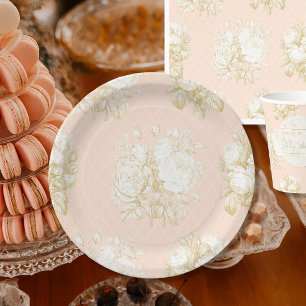 Assiettes En Carton Décor Français Floral Élégant Toile rose Or Douche
