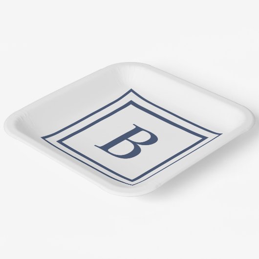 Assiettes En Carton Deep Navy And White Square Border Monogram  (Angulaire)