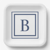 Assiettes En Carton Deep Navy And White Square Border Monogram  (Recto)