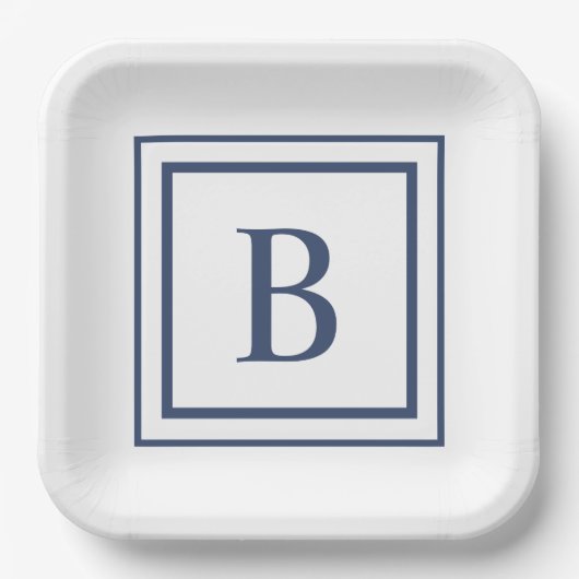 Assiettes En Carton Deep Navy And White Square Border Monogram  (Recto)