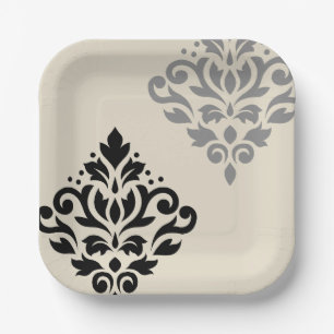Assiettes En Carton Défiler Damask Art I Black Grey Crème