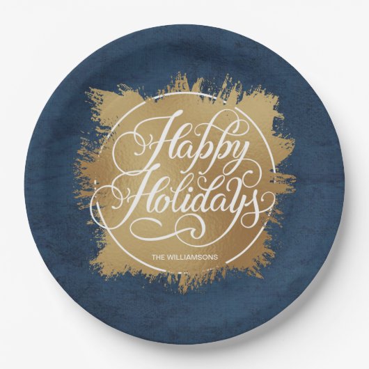 Assiettes En Carton Denim Blue Gold Faux Foil Holiday (Devant)