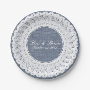 Assiettes En Carton Dénim et dentelle en chambray bleu