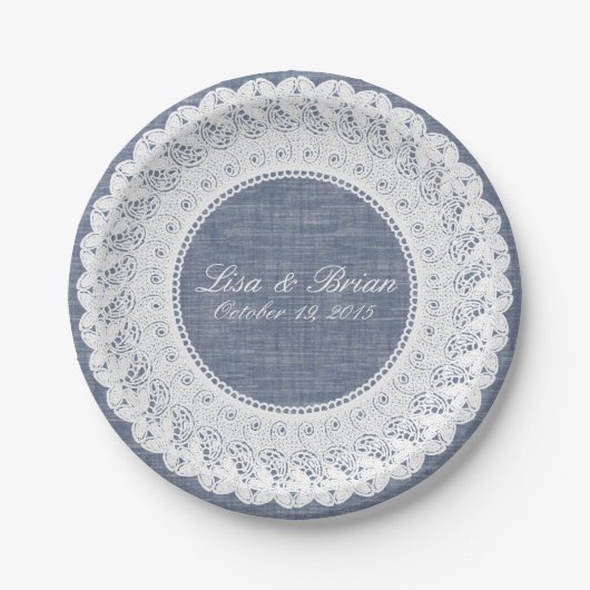 Assiettes En Carton Dénim et dentelle en chambray bleu (Devant)