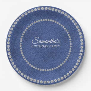 Assiettes En Carton Denim et Diamonds Blue Jeans Bling Anniversaire