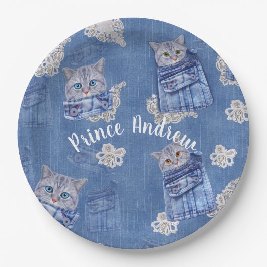 Assiettes En Carton Denim Jean poches, chatons et dentelle (Devant)