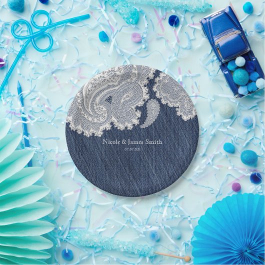 Assiettes En Carton Denim Jean & White Lace Élégante Mariage nuptiale (Fête)