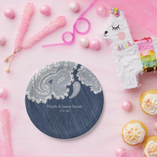 Assiettes En Carton Denim Jean & White Lace Élégante Mariage nuptiale (Fête)