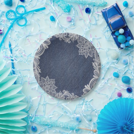 Assiettes En Carton Denim & White dentelle florale Elégant mariage vin (Fête)