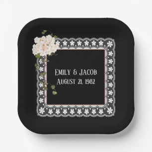 Assiettes En Carton Dentelle blanche Anniversaire sur noir