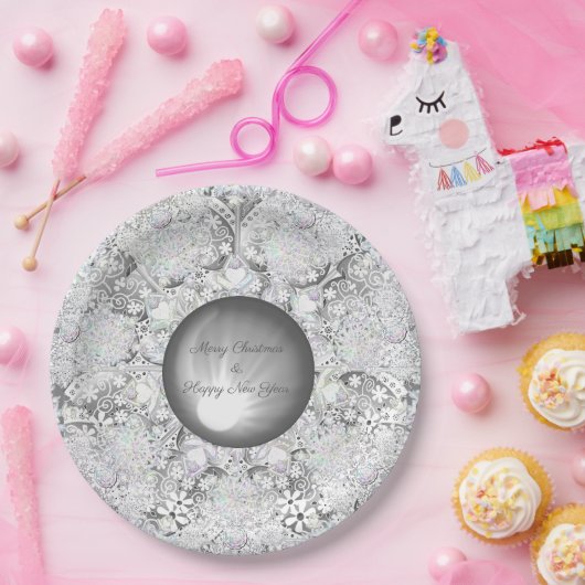 Assiettes En Carton Dentelle en céramique grise et flocon de neige (Fête)