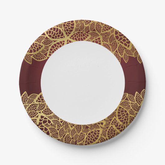 Assiettes En Carton Dentelle en feuilles d'or sur arrière - plan rouge (Devant)