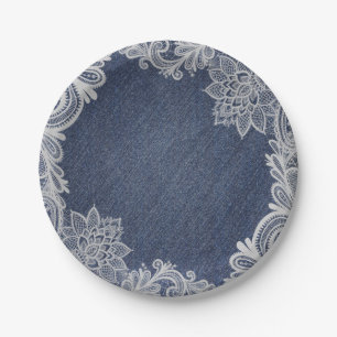 Assiettes En Carton Dentelle Fleurie Denim & Blanc Élégant Mariage Vin