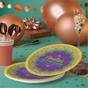 Assiettes En Carton Dentelle fractale Bat mitzvah jaune pourpre