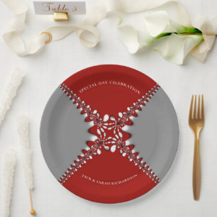 Assiettes En Carton Dentelle fractale Batik rouge et argent