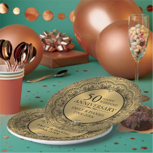 Assiettes En Carton Dentelle noire et or 50e anniversaire de mariage