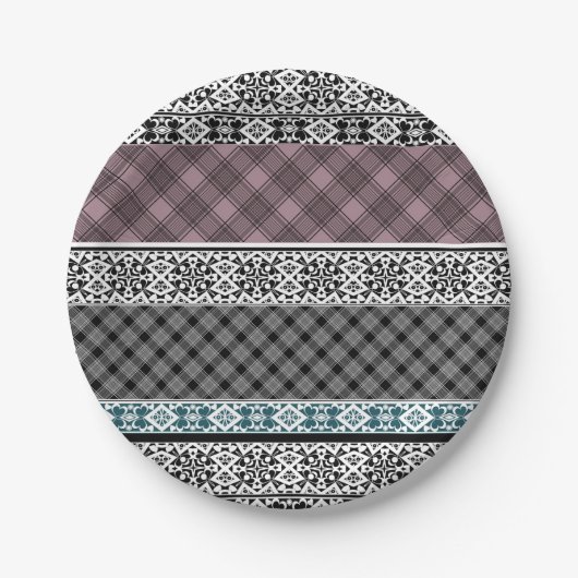 Assiettes En Carton Dentelle patchwork noir et blanc (Devant)