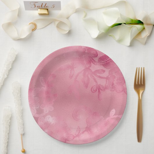 Assiettes En Carton Dentelle Rose Élégante (Mariage)