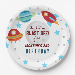 Assiettes En Carton Départ dans l'espace pour le 2ème anniversaire