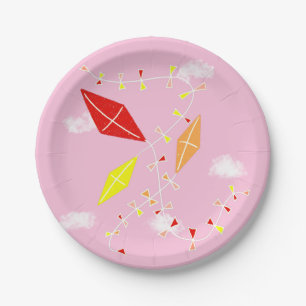 Assiettes En Carton Des cerfs-volants dans le ciel rose Baby Girl Show