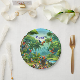 Assiettes En Carton Des oiseaux tropicaux colorés parmi des plantes vi