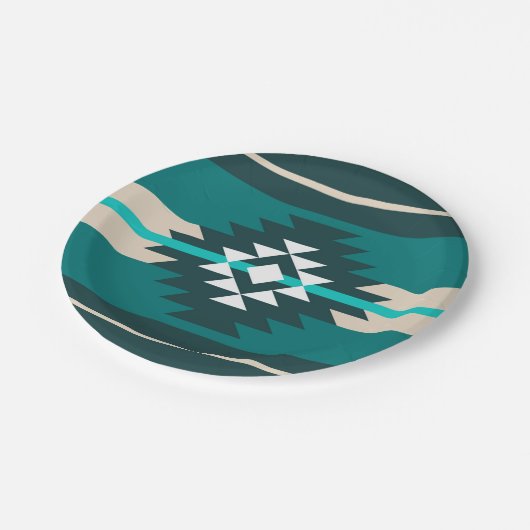 Assiettes En Carton Design aztèque en couleur turquoise (Angle)