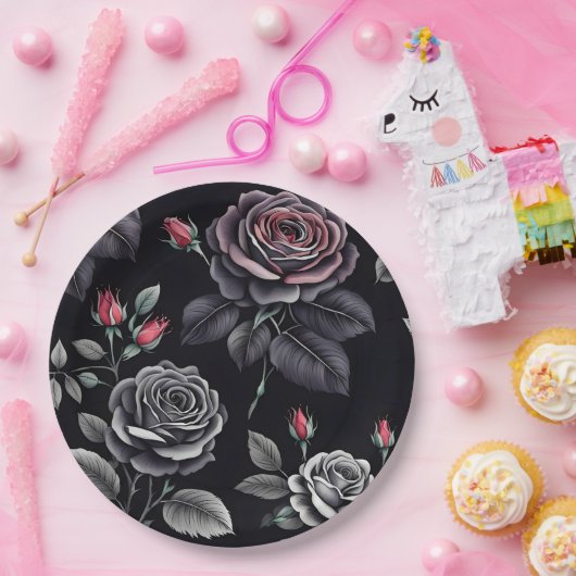 Assiettes En Carton Design d'art floral Rose sombre (Fête)