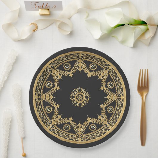 Assiettes En Carton Design élégant noir et or (Mariage)