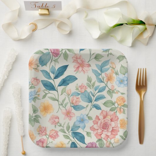 Assiettes En Carton Design floral bleu et rose (Mariage)