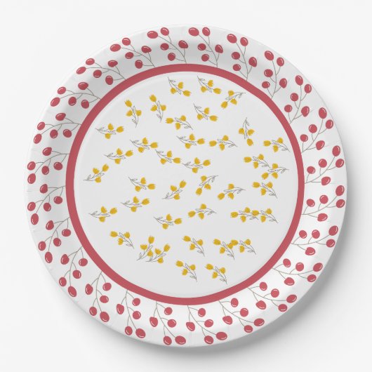 Assiettes En Carton Design floral cerise et jaune (Devant)