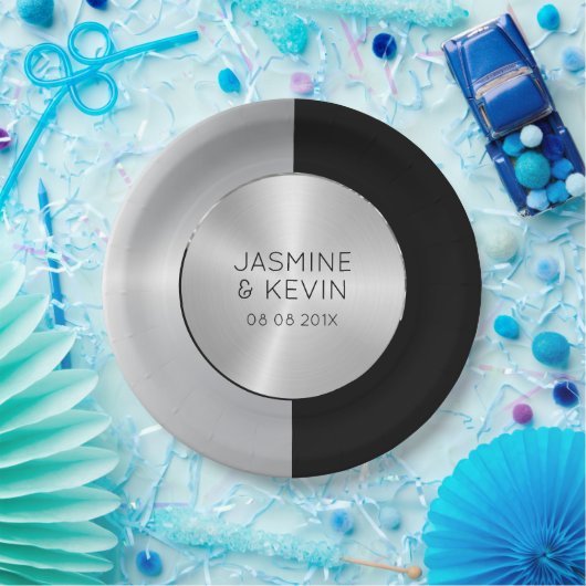 Assiettes En Carton Design géométrique argenté et noir élégant (Fête)