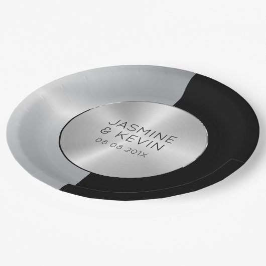 Assiettes En Carton Design géométrique argenté et noir élégant (Angle)