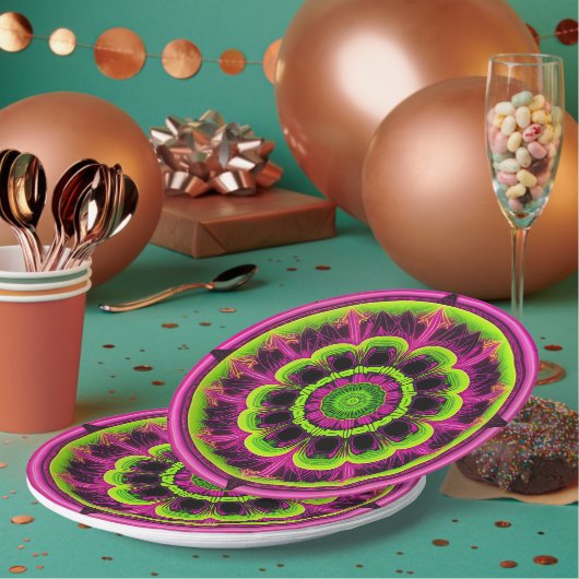 Assiettes En Carton Design Kaleidoscope Rose Neon Et Vert (Multi)