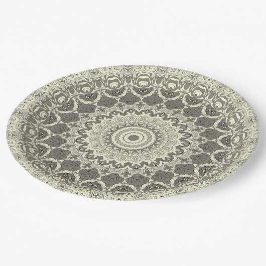 Assiettes En Carton Design Motif en mandala beige et taupe (Angle)