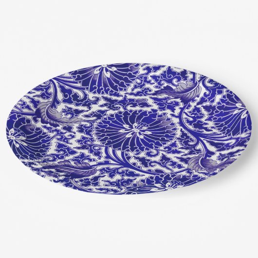 Assiettes En Carton Design ornemental bleu vif (Angle)