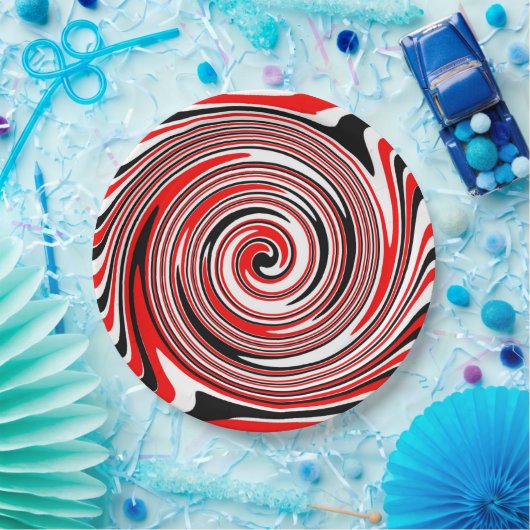 Assiettes En Carton Design psychédélique rouge blanc et noir (Fête)