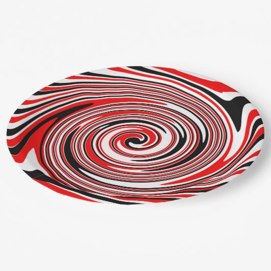 Assiettes En Carton Design psychédélique rouge blanc et noir (Angle)