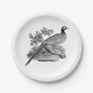 Assiettes En Carton Dessin en noir et blanc d'un faisan de chasse vint